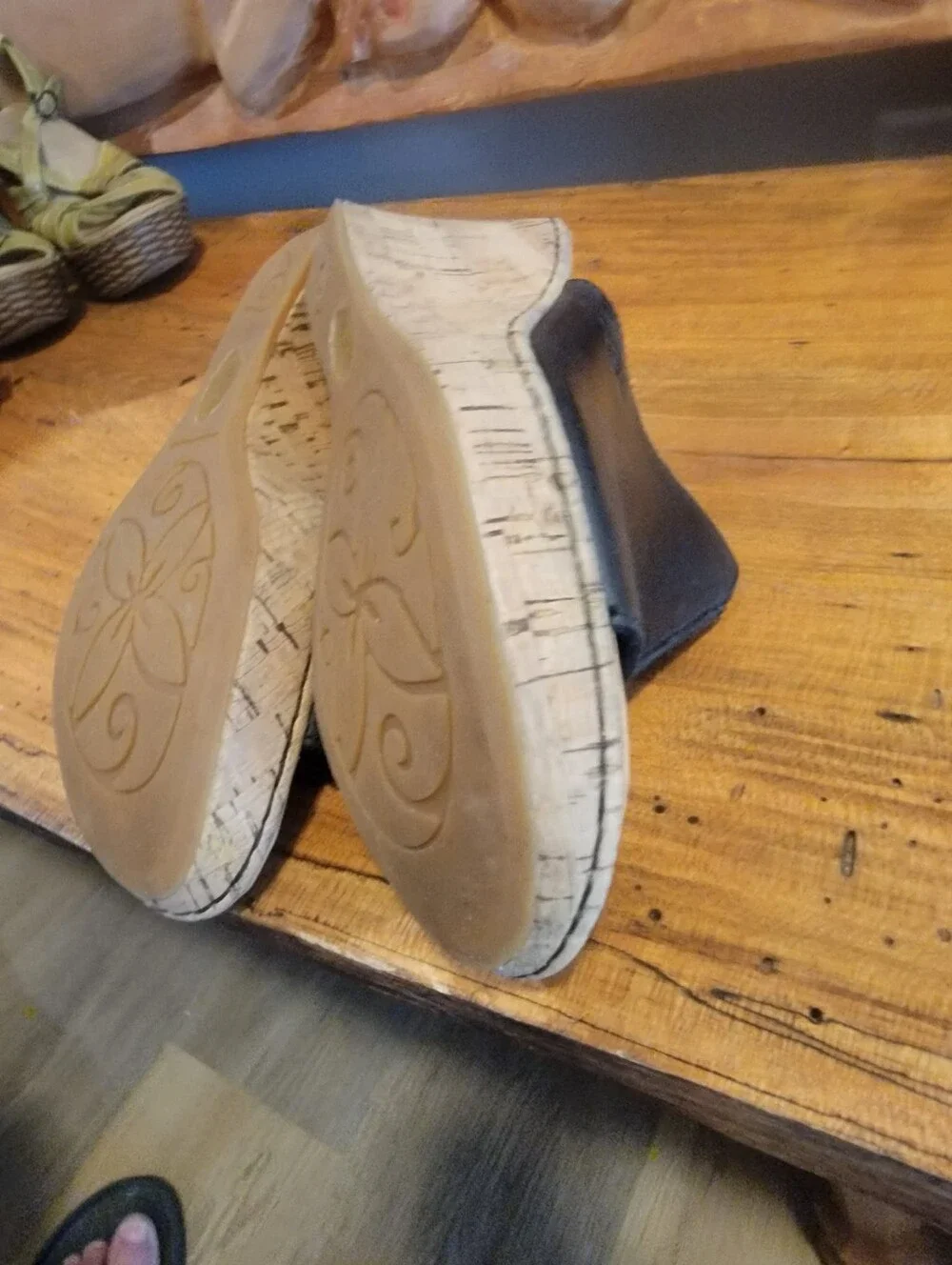 Born Size 7 Black Leather Cork Wedge Slide Sandals w/ 3